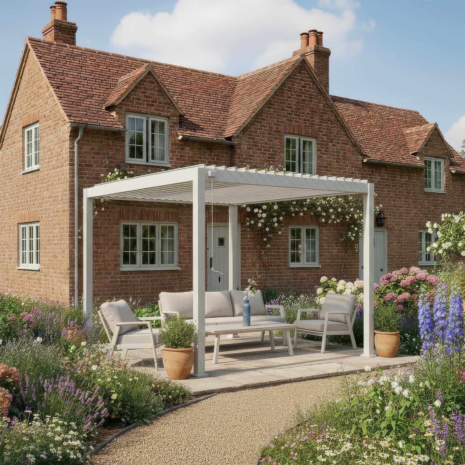 Patio area with Titan pergola in Pebble Grey Cream and outdoor furniture in front of a brick cottage with beautiful flowers either side