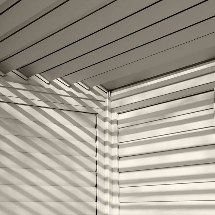 N24230-main Nova Titan Pergola Adjustable Louvered Walls Midland Garden Furniture. Aluminium Wall on white back ground with louvered slats, with louvers closed. Close up in corner shot.