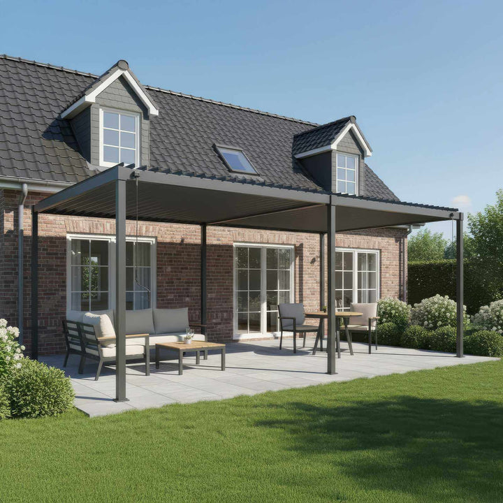 Brick house with a patio and Nova Luna pergola on a sunny day