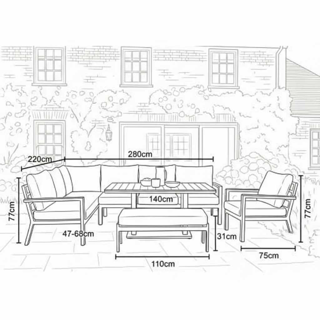 Nova Heidi Outdoor Living Product Dimensions Drawings Midland Garden Furniture. Line drawn L shaped dining set with line drawn house behind. 