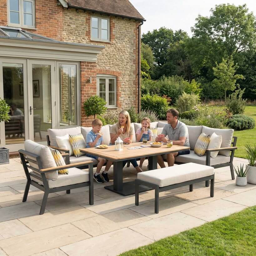 Nova Heidi outdoor living furniture set Midland Garden Furniture with people enjoying in front of a Cotswold house with plants at the back. left hand corner sofa set with arm chair bench and rising table. 