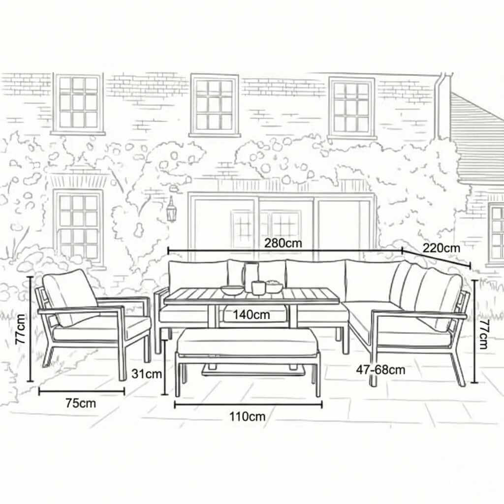 Nova Heidi Outdoor Living Product Dimensions Drawings Midland Garden Furniture. Line drawn L shaped rising table dining set with line drawn house behind. 