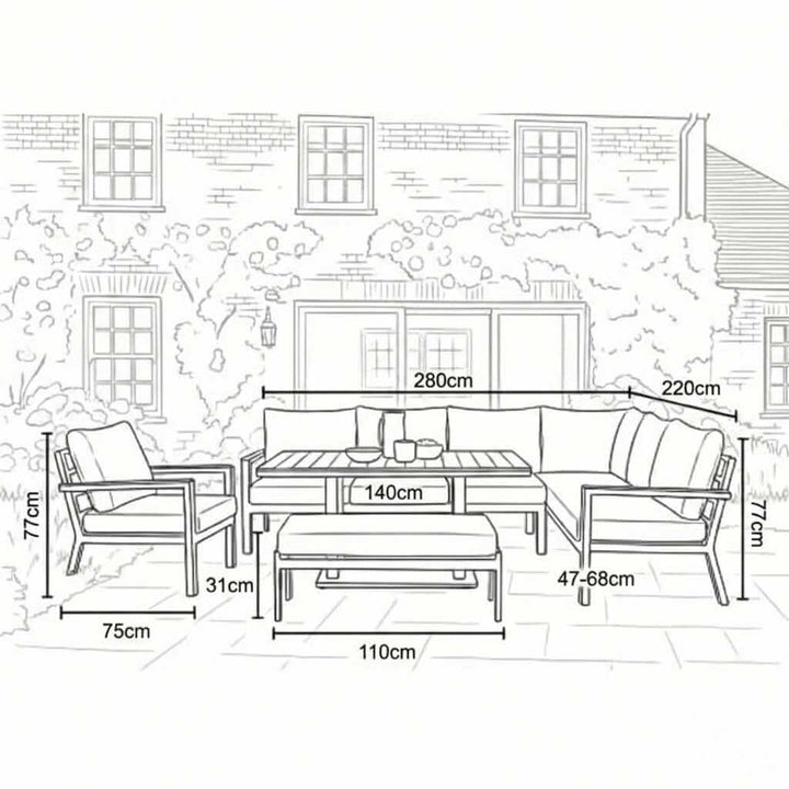 Nova Heidi Outdoor Living Product Dimensions Drawings Midland Garden Furniture. Line drawn L shaped rising table dining set with line drawn house behind. 