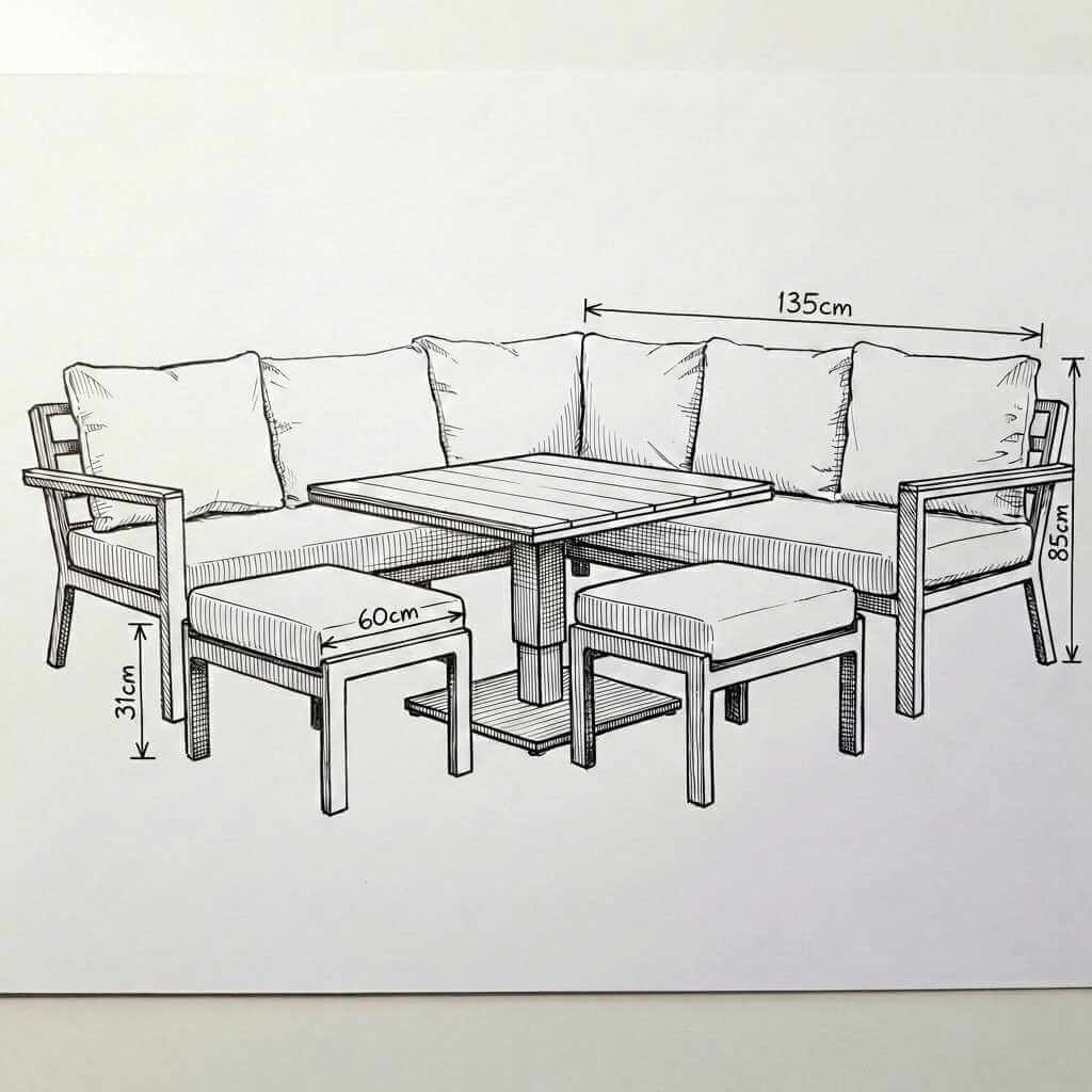 Nova Heidi Outdoor Living Product Dimensions Drawings Midland Garden Furniture. Line drawn corner sofa set with rising table dining set with line drawn house behind. 