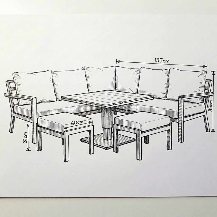 Nova Heidi Outdoor Living Product Dimensions Drawings Midland Garden Furniture. Line drawn corner sofa set with rising table dining set with line drawn house behind. 