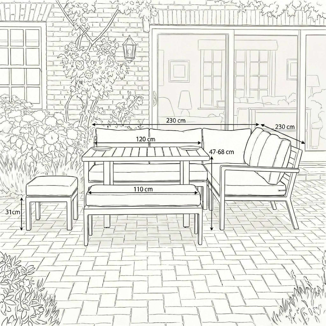 Nova Heidi Outdoor Living Product Dimensions Drawings Midland Garden Furniture. Line drawn corner dining set with line drawn house behind. 