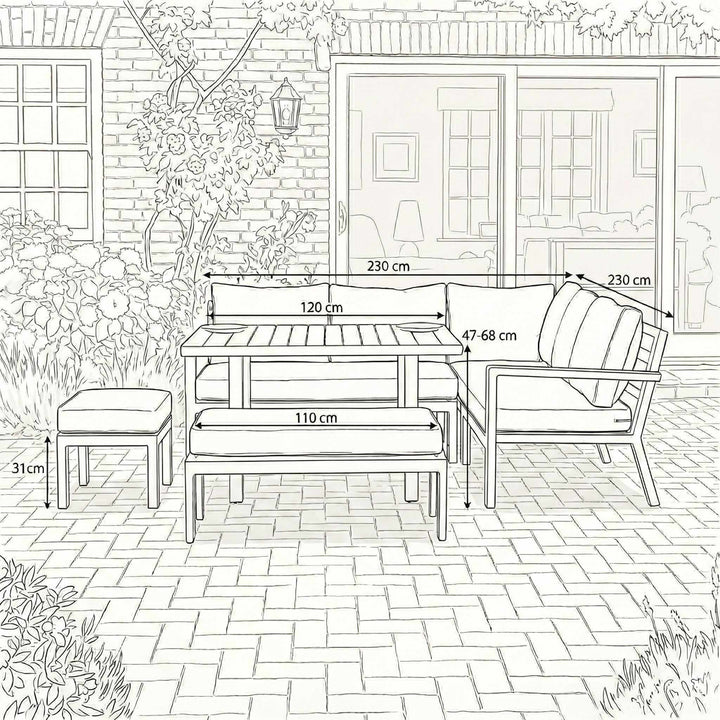 Nova Heidi Outdoor Living Product Dimensions Drawings Midland Garden Furniture. Line drawn corner dining set with line drawn house behind. 