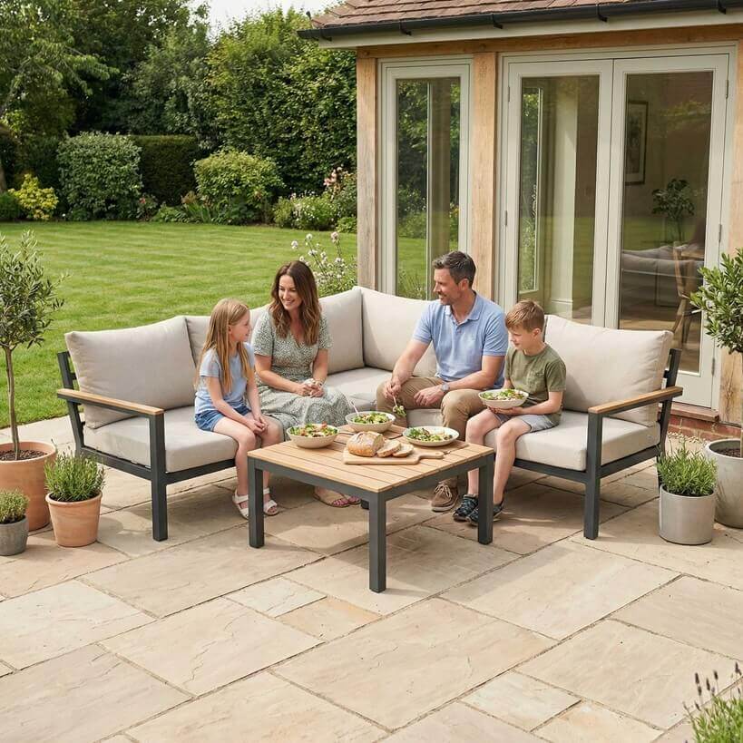 Nova Heidi outdoor living furniture set Midland Garden Furniture with people enjoying in front of a Cotswold house with plants at the back. Corner sofa set.
