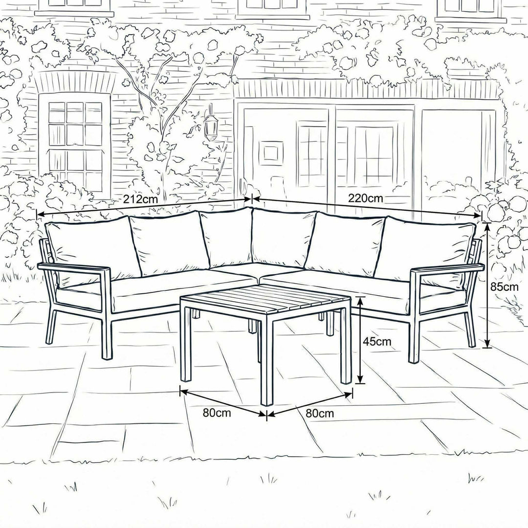 Nova Heidi Outdoor Living Product Dimensions Drawings Midland Garden Furniture. Line drawn corner sofa set with line drawn house behind. 