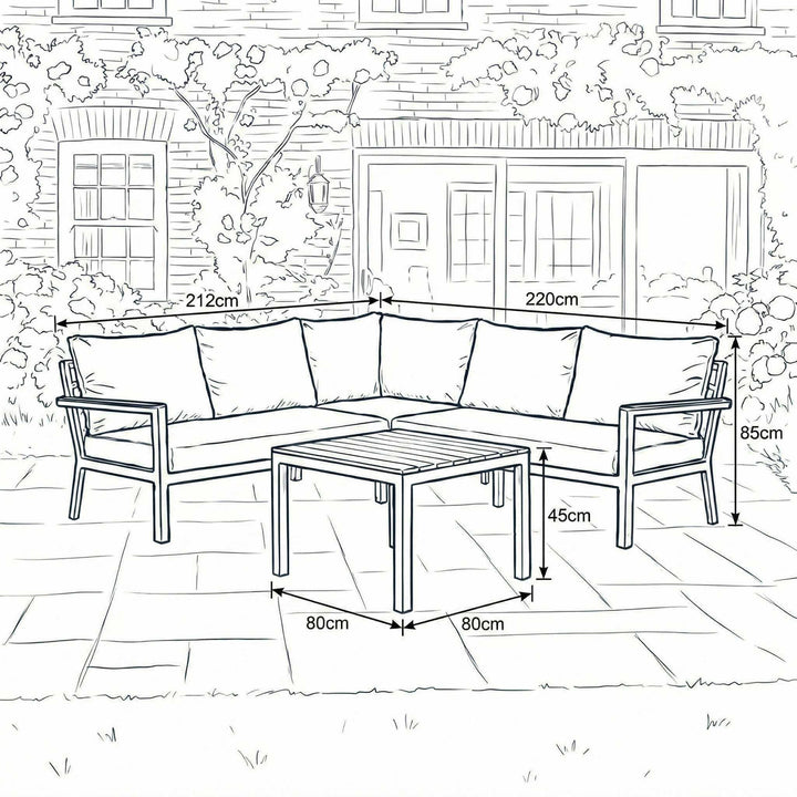 Nova Heidi Outdoor Living Product Dimensions Drawings Midland Garden Furniture. Line drawn corner sofa set with line drawn house behind. 