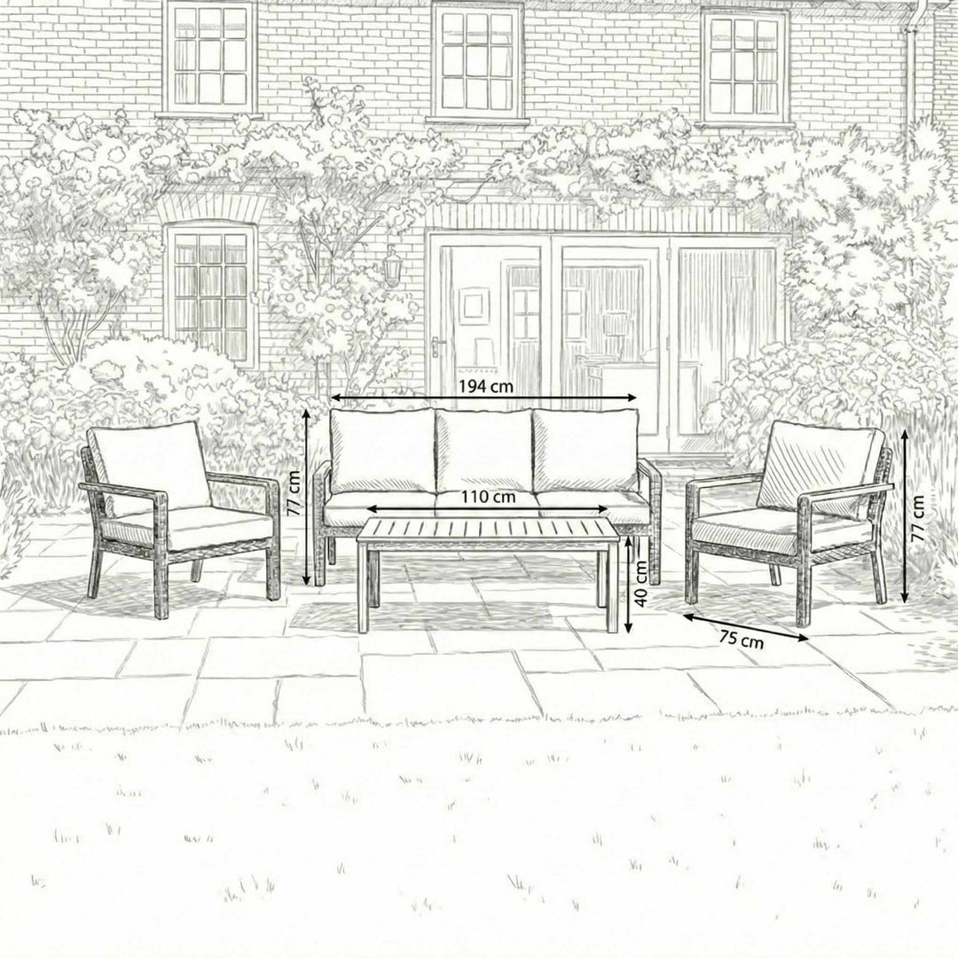 Nova Heidi Outdoor Living Product Dimensions Drawings Midland Garden Furniture. Line drawn sofa set with 2 chairs with line drawn house behind. 