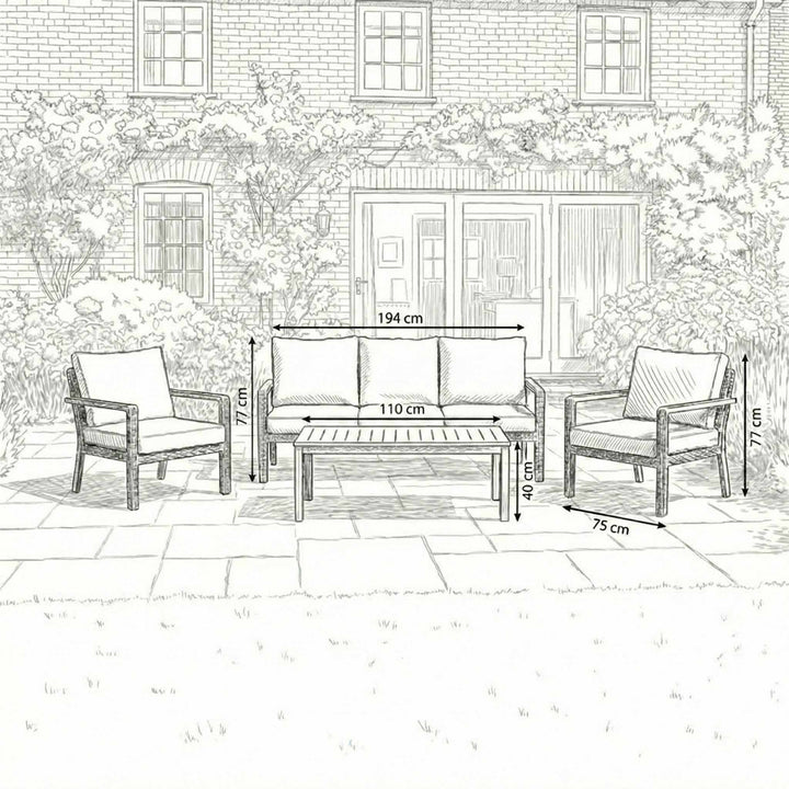Nova Heidi Outdoor Living Product Dimensions Drawings Midland Garden Furniture. Line drawn sofa set with 2 chairs with line drawn house behind. 