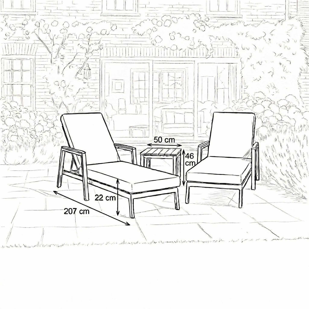 Nova Heidi Outdoor Living Product Dimensions Drawings Midland Garden Furniture. Line drawn sun lounger set with line drawn house behind. 