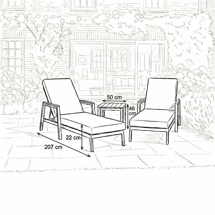 Nova Heidi Outdoor Living Product Dimensions Drawings Midland Garden Furniture. Line drawn sun lounger set with line drawn house behind. 