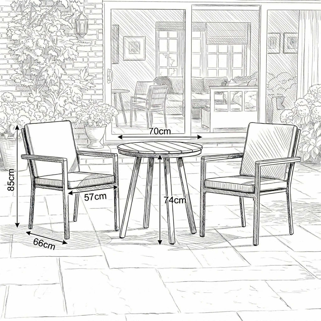 Nova Heidi Outdoor Living Product Dimensions Drawings Midland Garden Furniture. Line drawn 2 seat dining set with line drawn house behind. 