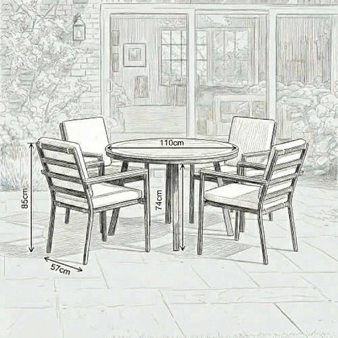 Nova Heidi Outdoor Living Product Dimensions Drawings Midland Garden Furniture. Line drawn 4 seat dining set with line drawn house behind. 