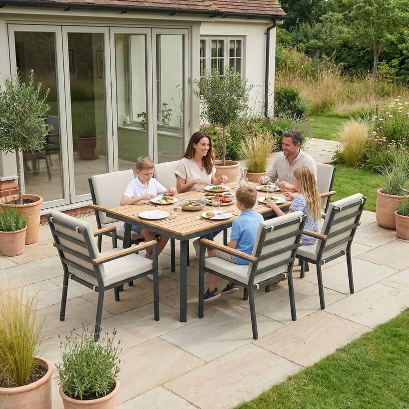 Nova Heidi outdoor living furniture set Midland Garden Furniture with people enjoying in front of a Cotswold house with plants at the back. 6 seater dining set. 