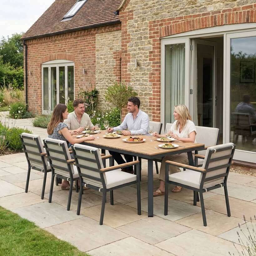 Nova Heidi outdoor living furniture set Midland Garden Furniture with people enjoying ion front of a Cotswold house with plants at the back. 8 seater set. 
