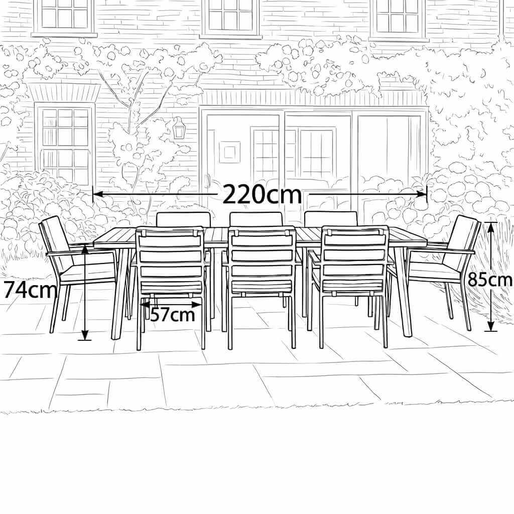 Nova Heidi Outdoor Living Product Dimensions Drawings Midland Garden Furniture. Line drawn 8 seat dining set with line drawn house behind. 