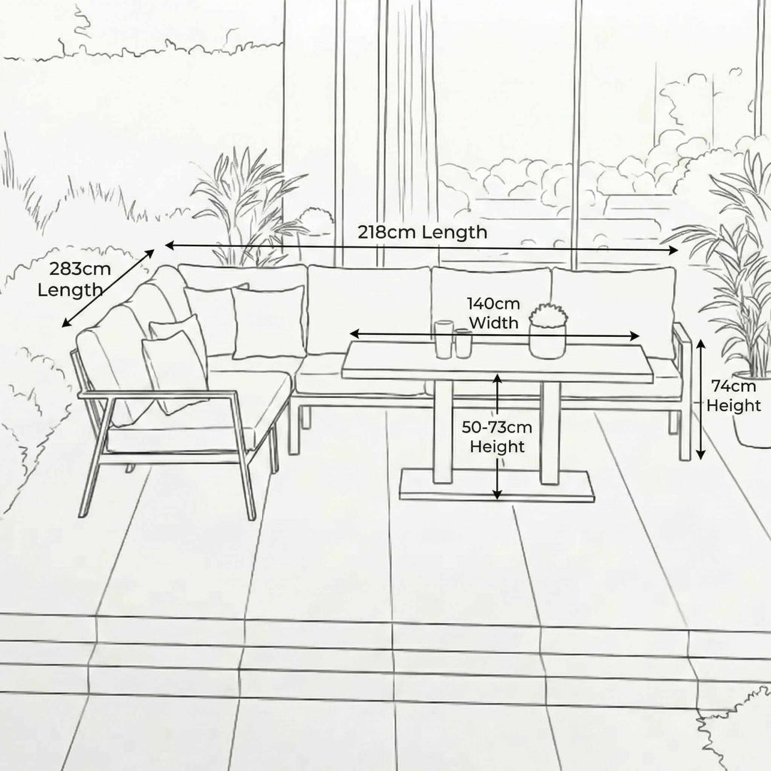 Nova Phoenix Outdoor Living Product Dimensions Drawings Midland Garden Furniture. Line drawn with line drawn house behind. L shaped left hand Sofa set with 3 seat sofa and 2 seat to the side with rising table.