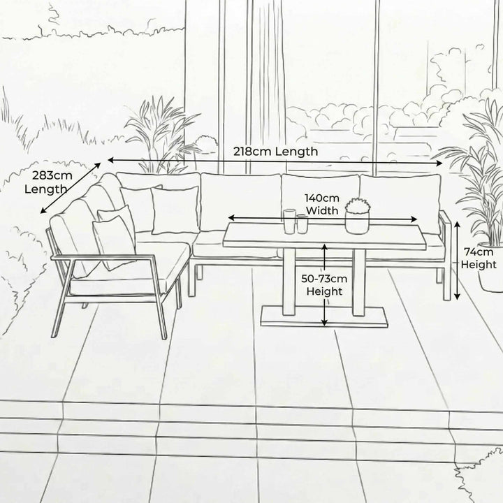 Nova Phoenix Outdoor Living Product Dimensions Drawings Midland Garden Furniture. Line drawn with line drawn house behind. L shaped left hand Sofa set with 3 seat sofa and 2 seat to the side with rising table.