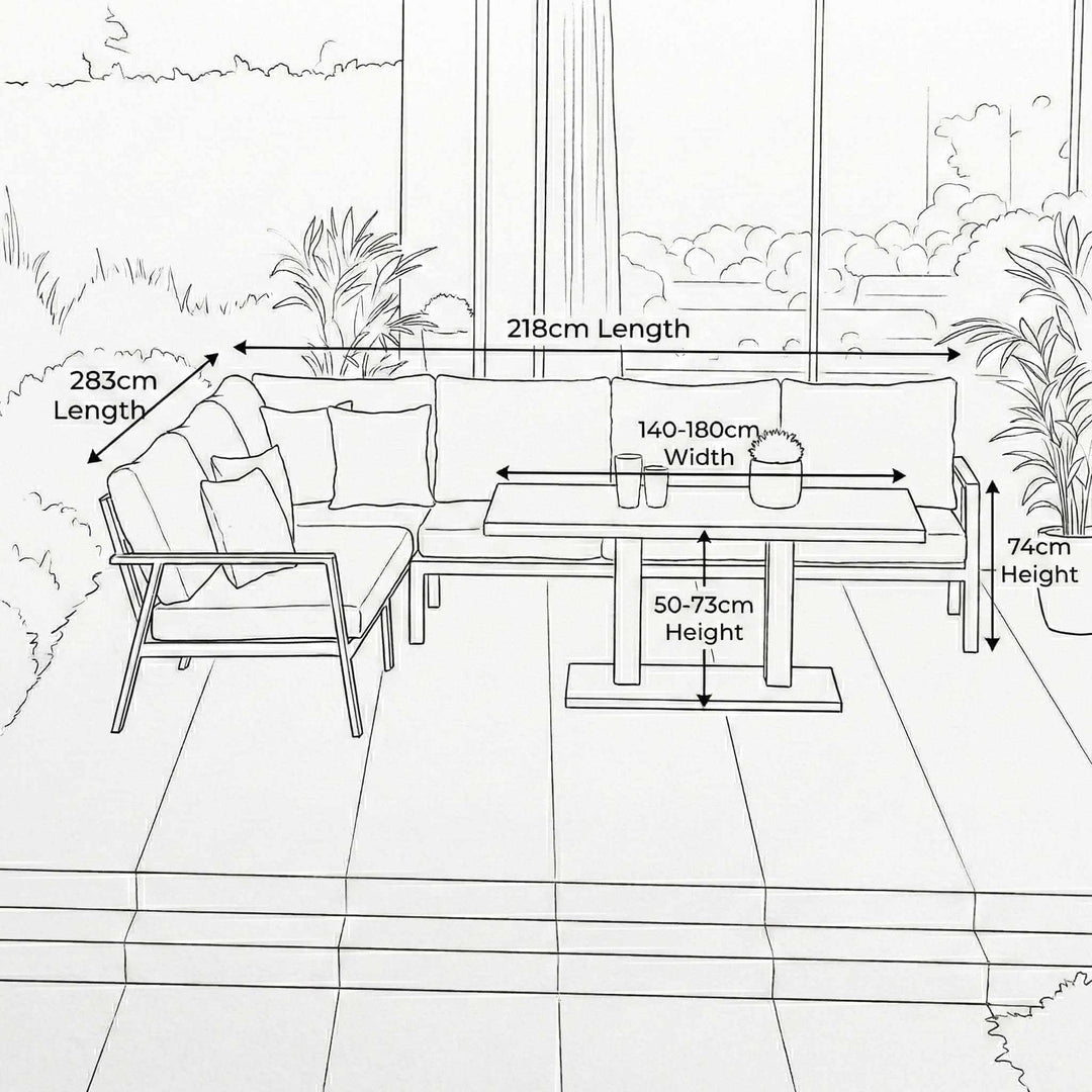 Nova Phoenix Outdoor Living Product Dimensions Drawings Midland Garden Furniture. Line drawn with line drawn house behind. L shaped Sofa set with 3 seat sofa and 2 seat to the side with rising table.