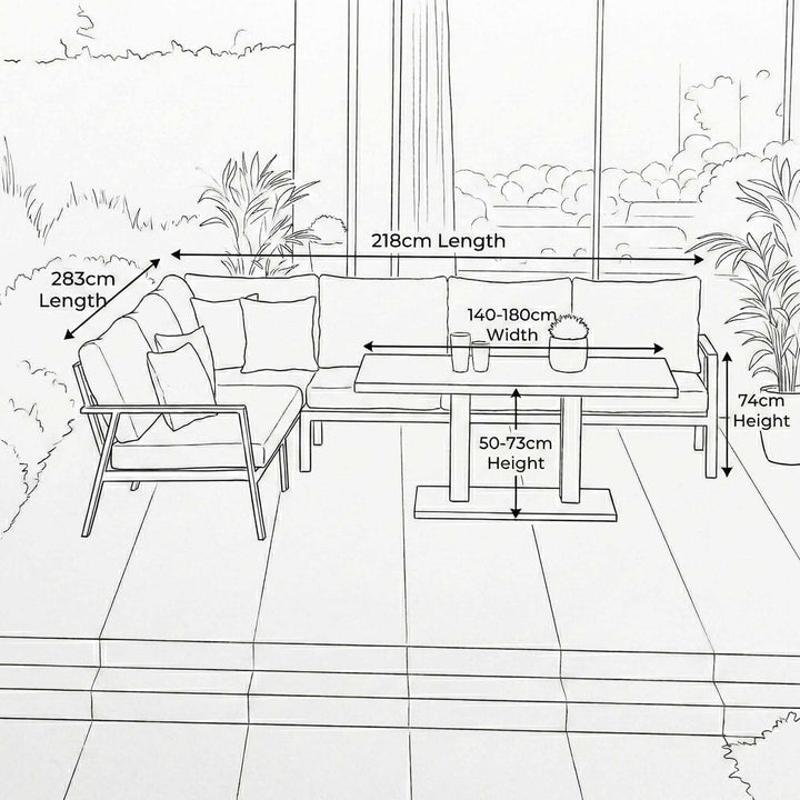 Nova Phoenix Outdoor Living Product Dimensions Drawings Midland Garden Furniture. Line drawn with line drawn house behind. L shaped Sofa set with 3 seat sofa and 2 seat to the side with rising table.