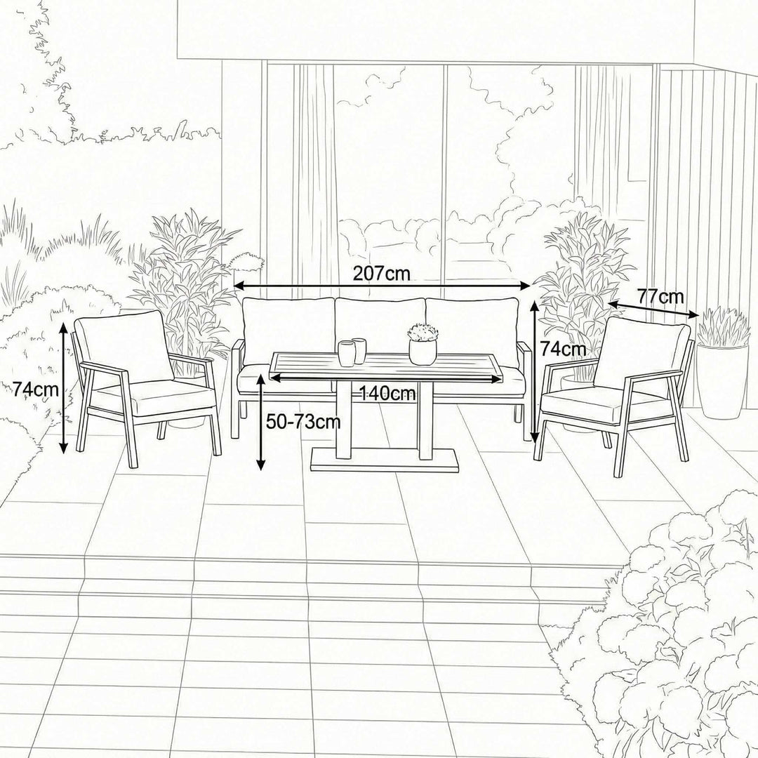 Nova Phoenix Outdoor Living Product Dimensions Drawings Midland Garden Furniture. Line drawn with line drawn house behind. Sofa set with 3 seat sofa and 2 arm chairs and rising table. 