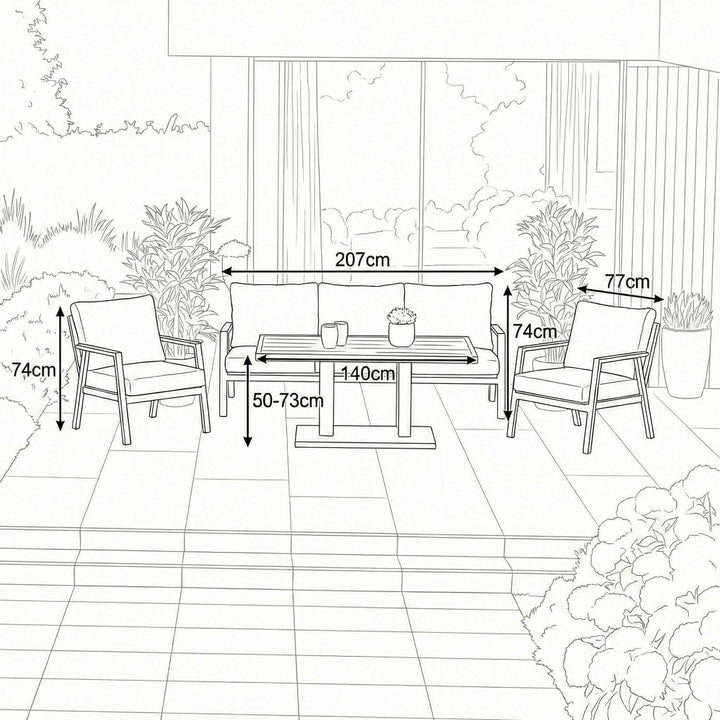 Nova Phoenix Outdoor Living Product Dimensions Drawings Midland Garden Furniture. Line drawn with line drawn house behind. Sofa set with 3 seat sofa and 2 arm chairs and rising table. 