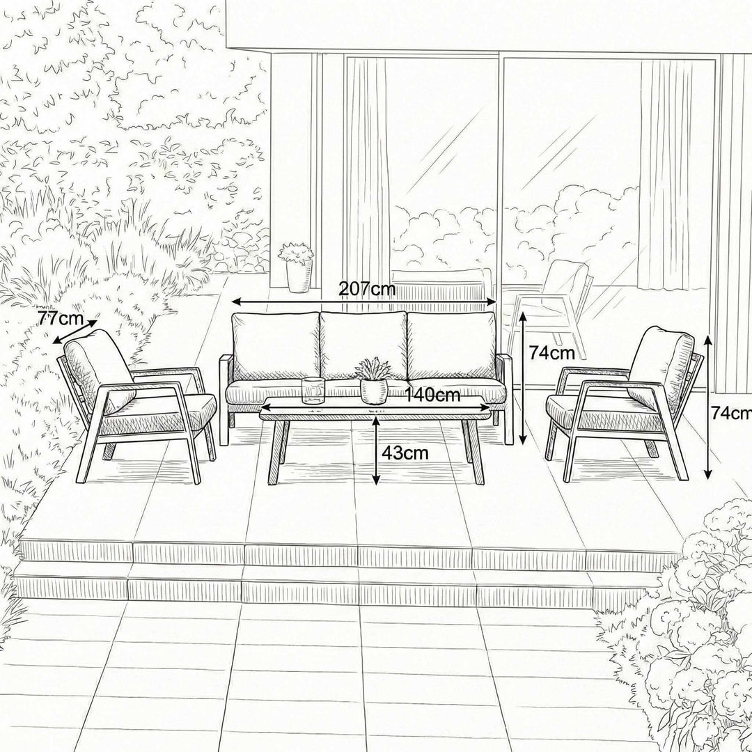 Nova Phoenix Outdoor Living Product Dimensions Drawings Midland Garden Furniture. Line drawn with line drawn house behind. Sofa set with 3 seat sofa and 2 arm chairs and coffee table. 