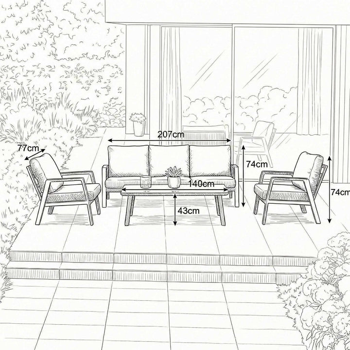 Nova Phoenix Outdoor Living Product Dimensions Drawings Midland Garden Furniture. Line drawn with line drawn house behind. Sofa set with 3 seat sofa and 2 arm chairs and coffee table. 