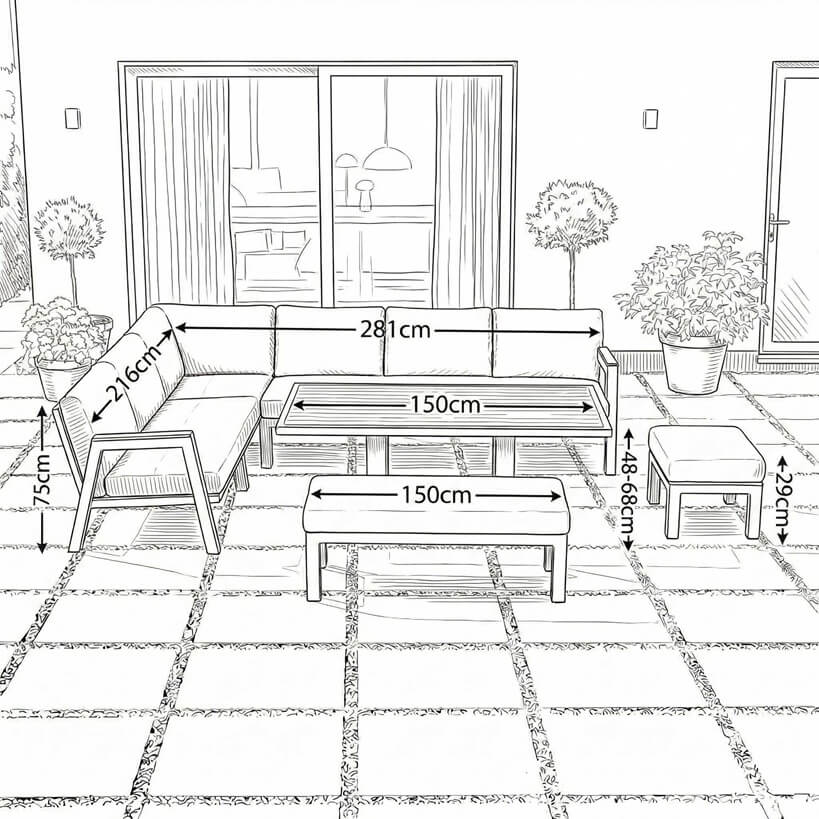 Nova Hunter Outdoor Living Product Dimensions Drawings Midland Garden Furniture. Line drawn with line drawn house behind. Corner sofa set with  sofa bench stool and rising table