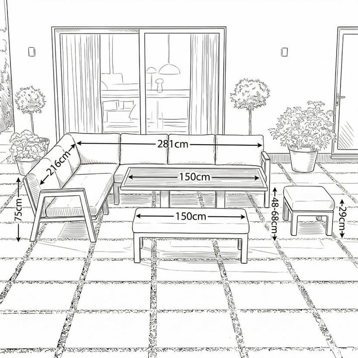 Nova Hunter Outdoor Living Product Dimensions Drawings Midland Garden Furniture. Line drawn with line drawn house behind. Corner sofa set with  sofa bench stool and rising table