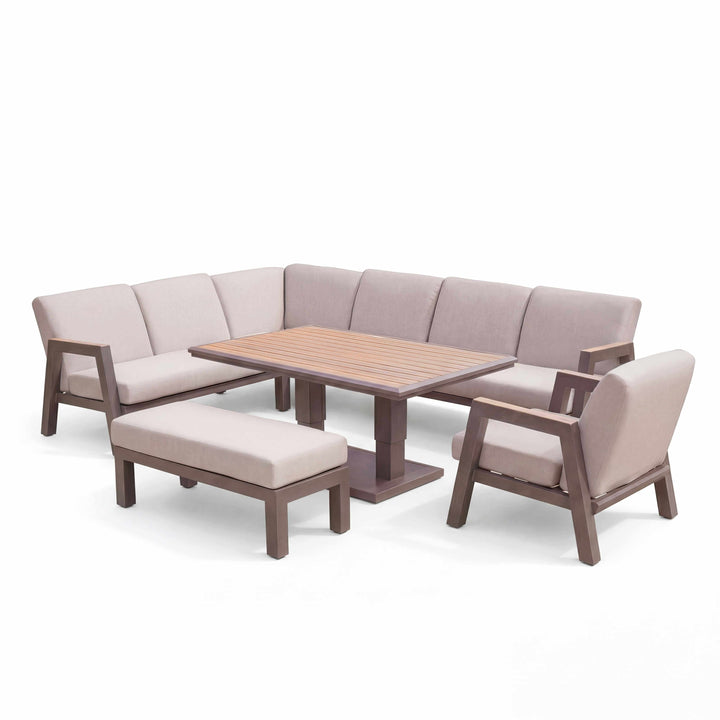 Outdoor furniture set with a sectional sofa, table, and chairs on a white background. Nova Hunter Sofa Set Midland Garden Furniture. 