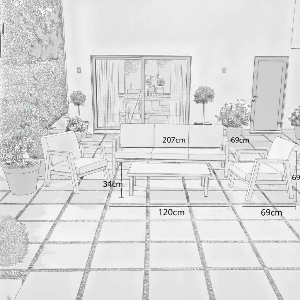 Nova Hunter Outdoor Living Product Dimensions Drawings Midland Garden Furniture. Line drawn with line drawn house behind. Sofa set with2 arm chairs and coffee table