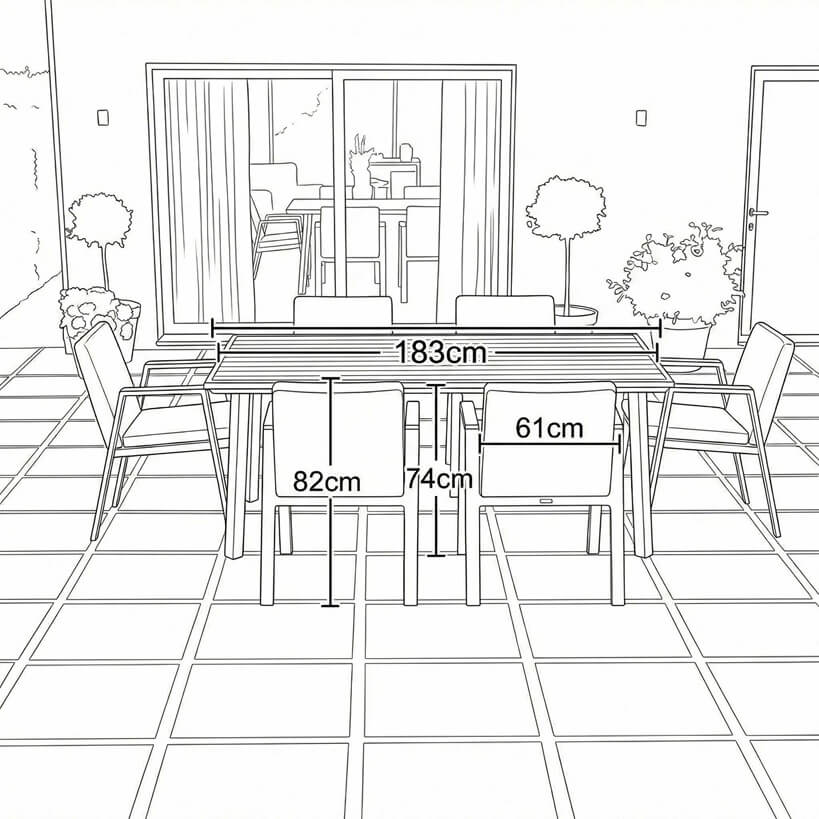 Nova Hunter Outdoor Living Product Dimensions Drawings Midland Garden Furniture. Line drawn with line drawn house behind. Dining table set with 6 arm chairs.