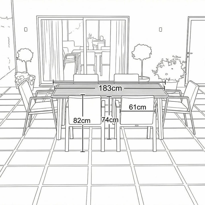 Nova Hunter Outdoor Living Product Dimensions Drawings Midland Garden Furniture. Line drawn with line drawn house behind. Dining table set with 6 arm chairs.