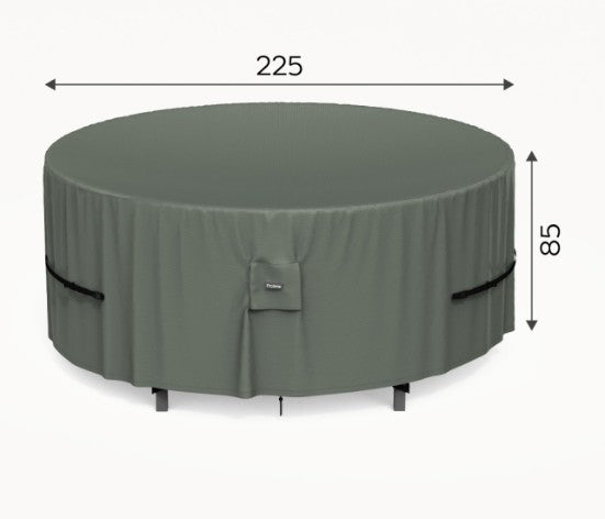 Round protex outdoor table cover with dimensions on a white background
