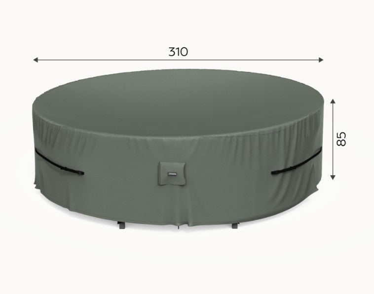 Large round grey green outdoor furniture cover from nova Protex with dimensions labelled on a white background