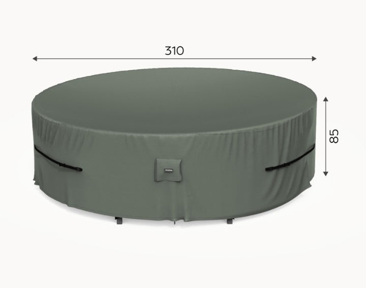 Large round grey green outdoor furniture cover from nova Protex with dimensions labelled on a white background