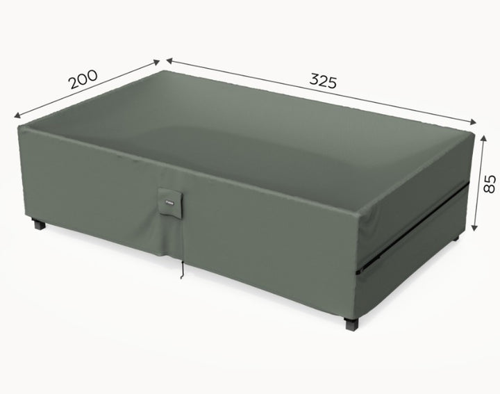 Gray green outdoor furniture cover with dimensions for a large rectangular set on a white background Nova Protex