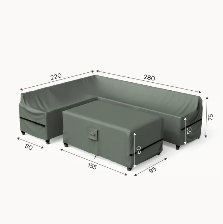 Grey sectional L shaped garden sofa cover for outdoor patios with dimensions labelled on a white background
