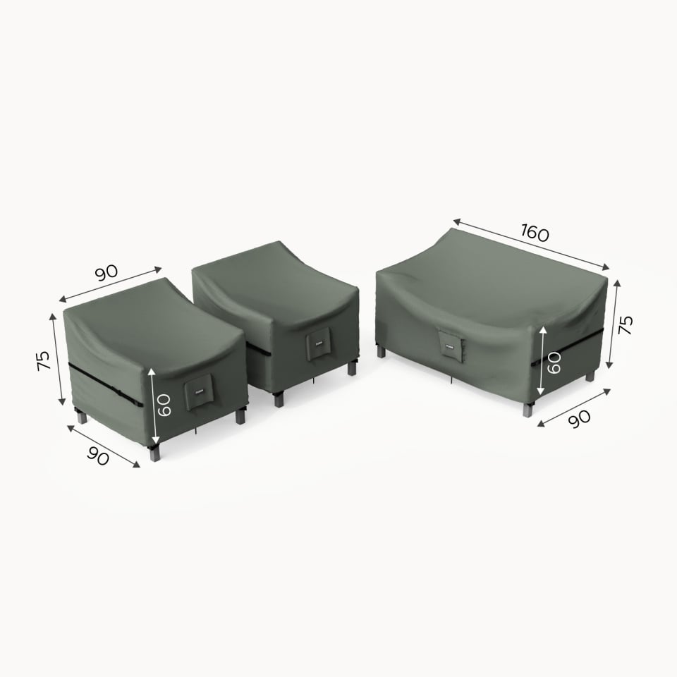 Gray outdoor furniture covers with dimensions on a white background from Nova protex