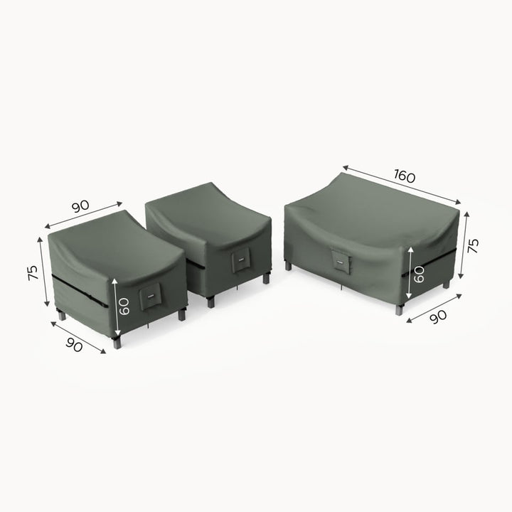 Gray outdoor furniture covers with dimensions on a white background from Nova protex