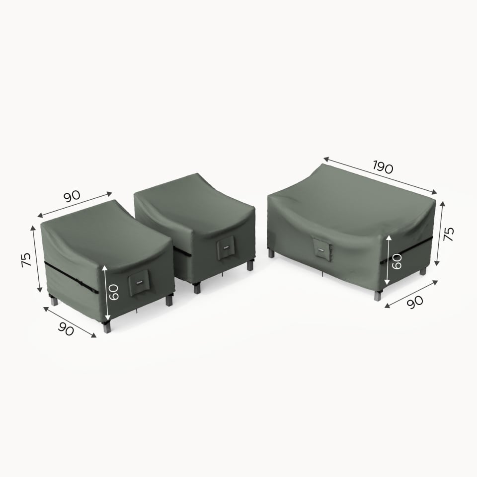 Nova Grey outdoor furniture set Protex with dimensions on a white background for 2 chairs and sofa