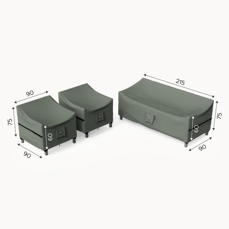 Gray outdoor nova Protex garden furniture set covers with dimensions on a white background