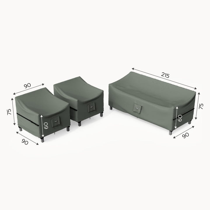 Gray outdoor nova Protex garden furniture set covers with dimensions on a white background