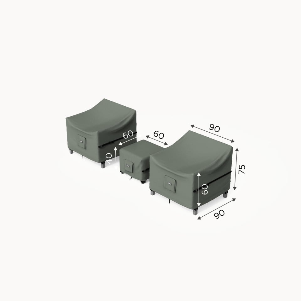 Nova Protex outdoor furniture covers for 2 chairs and a small table with dimensions on a white background