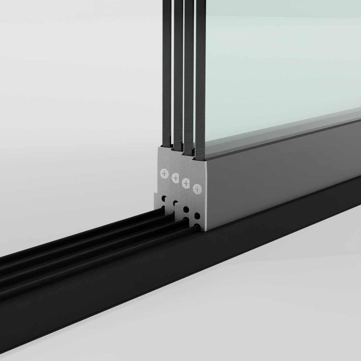 Close-up of a black metal Pergola  frame with sliding glass with a white background