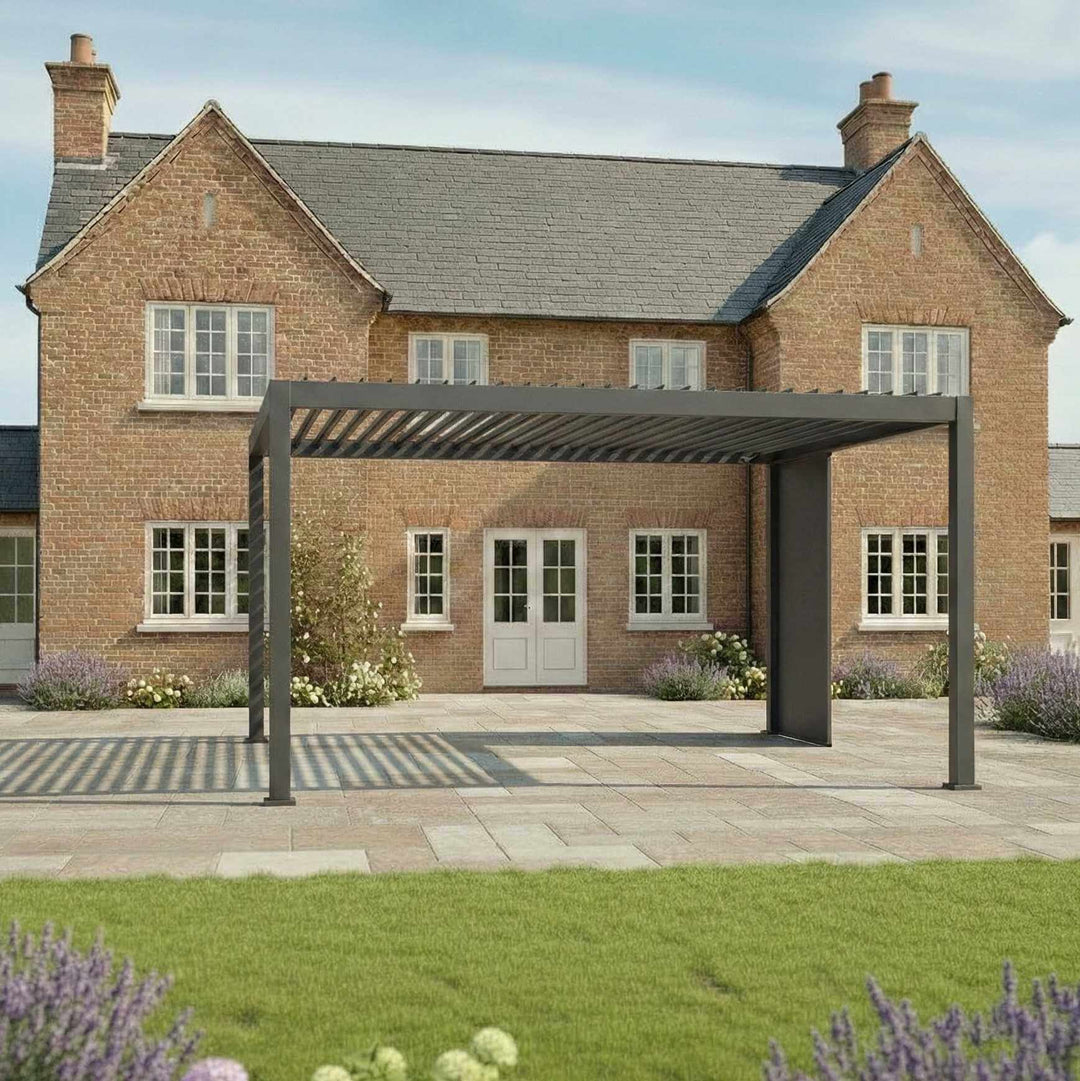 Nova Titan Pergola with insulated slide wall grey in front of a brick house cottage style.